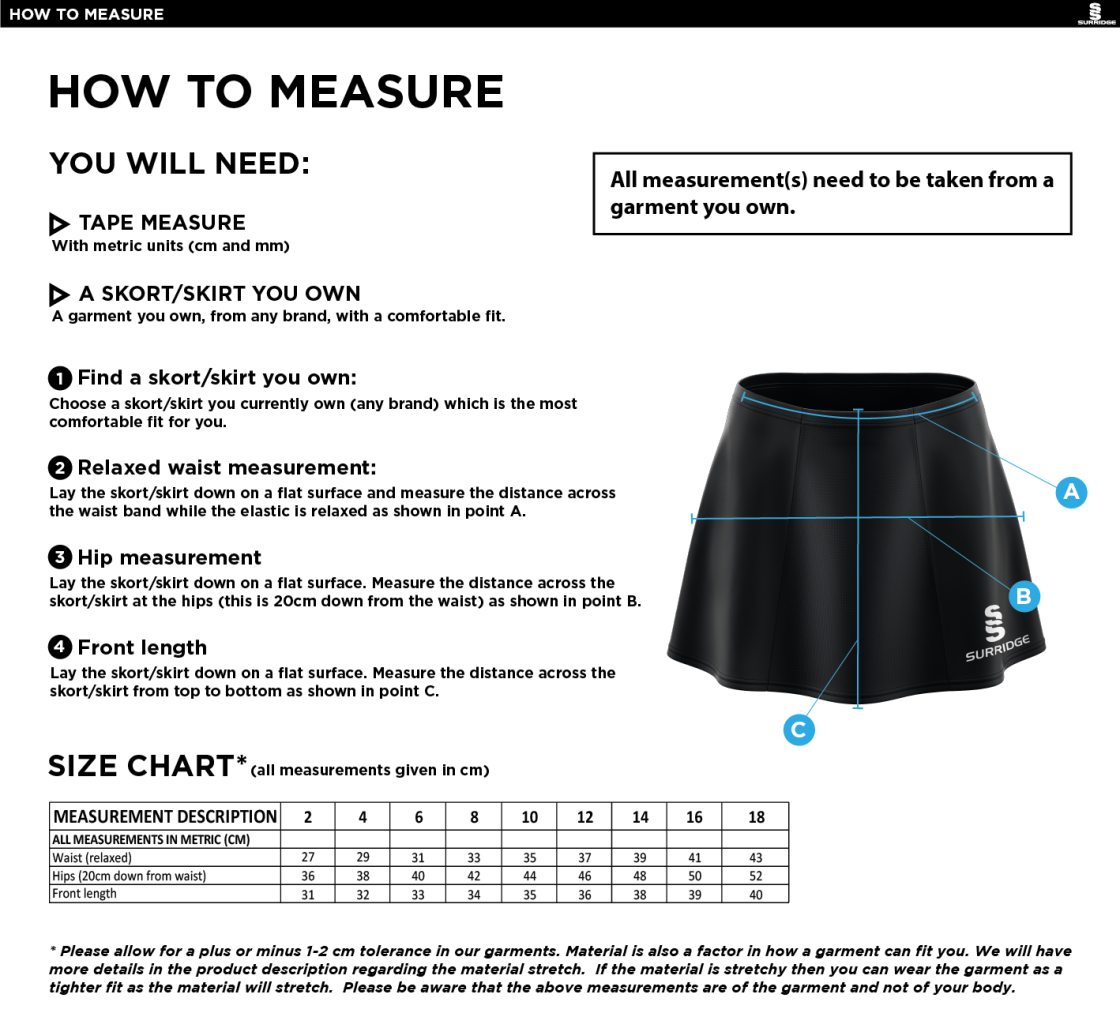 Newcastle University Students - Blade Skort : Navy - Size Guide